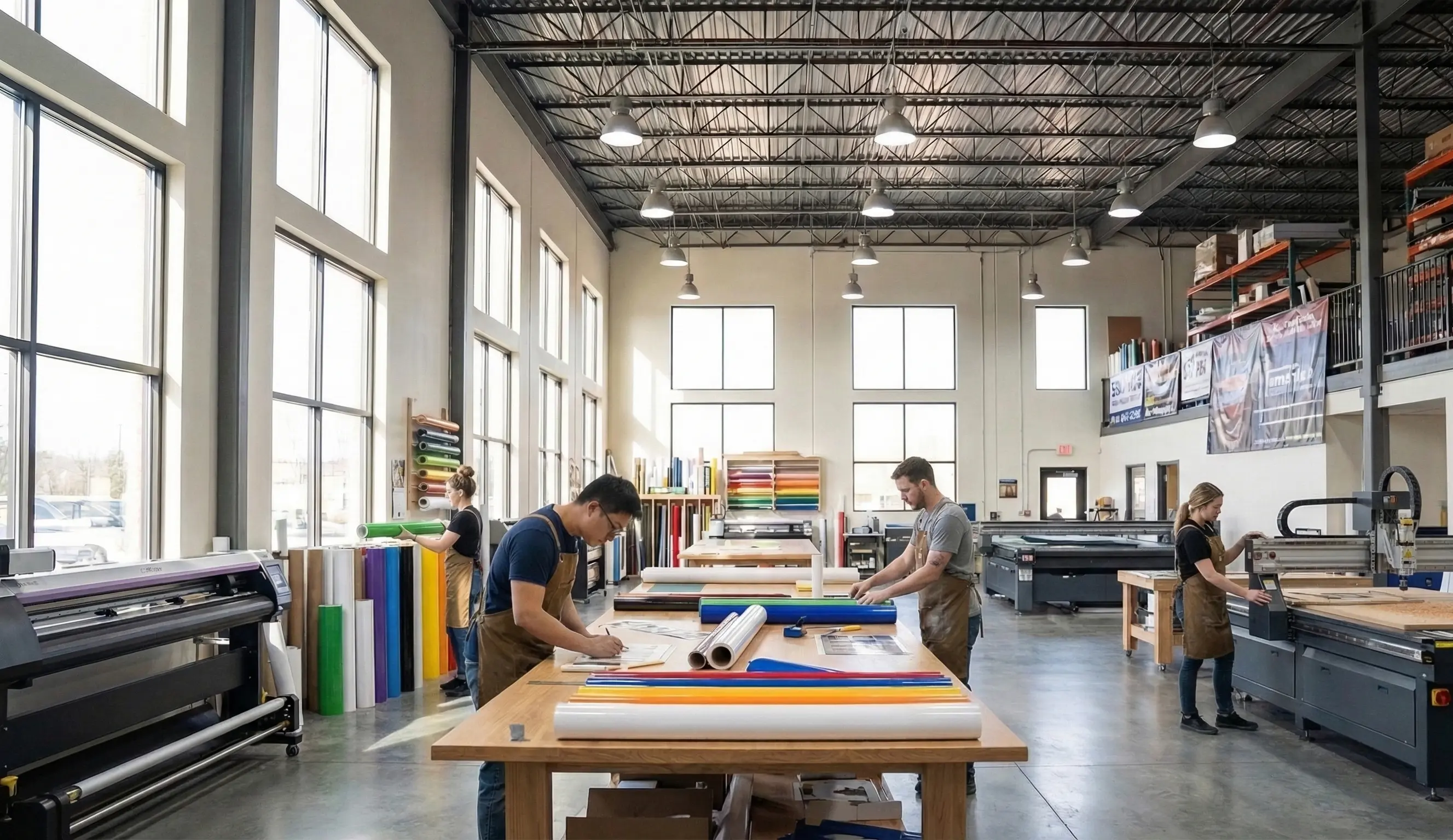 Sign shop partners at work in a professional sign manufacturing facility