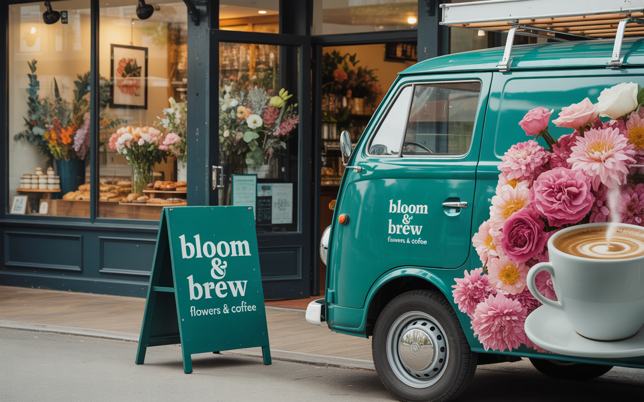 Bloom & Brew coffee shop with professional vehicle graphics and storefront signage