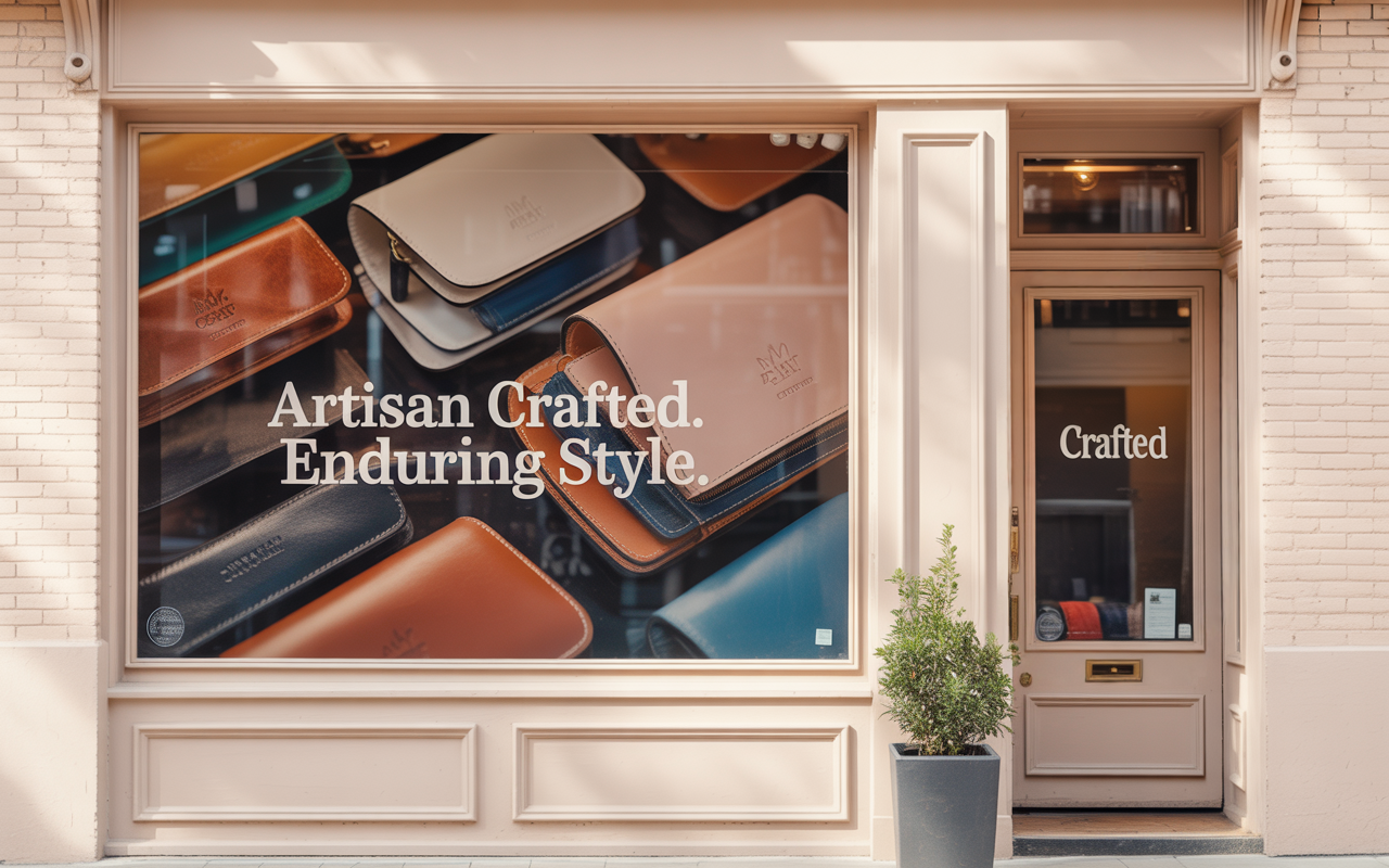 Elegant storefront window display with 'Artisan Crafted, Enduring Style' text