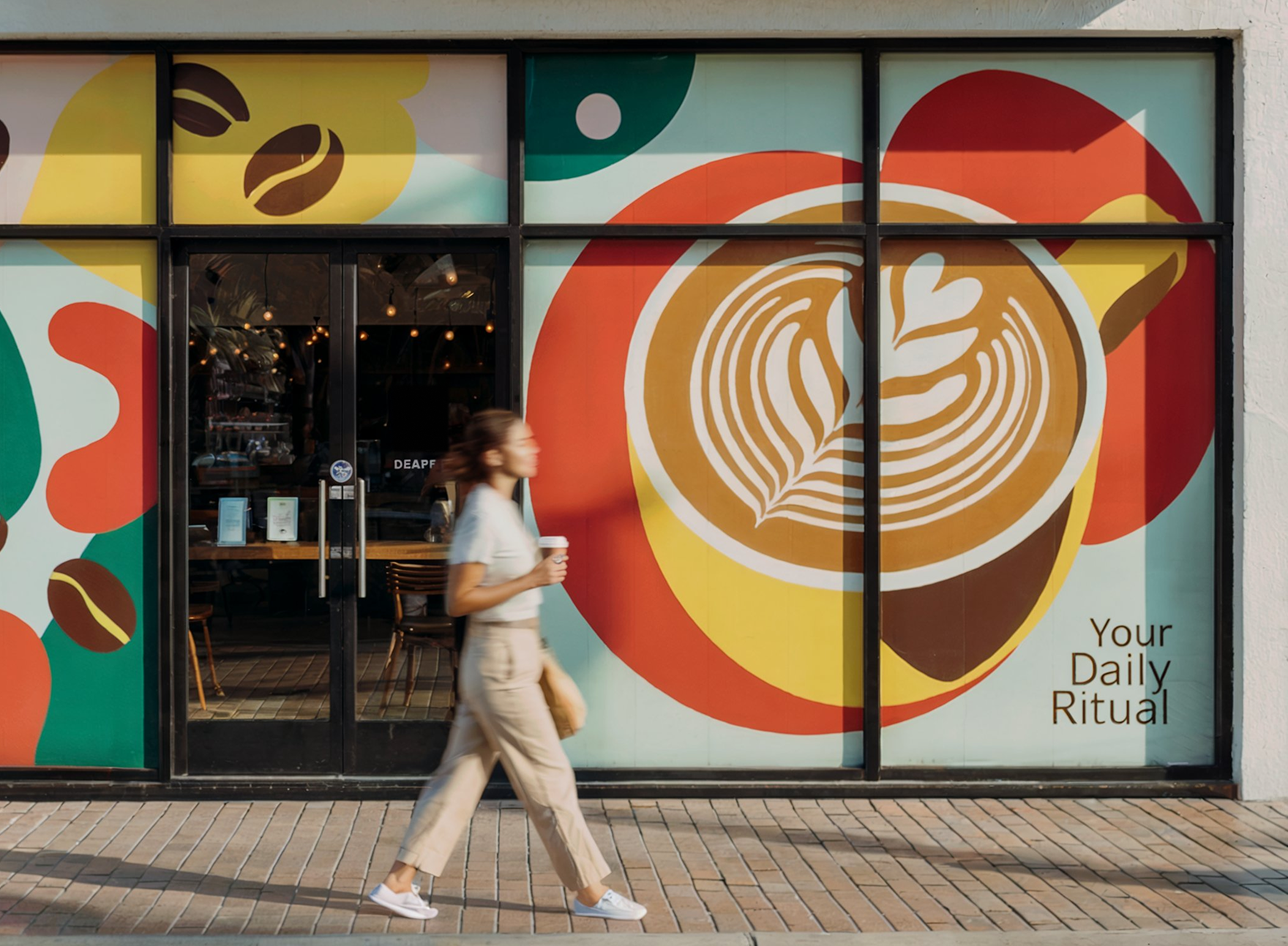 Professional window graphics installation at a modern coffee shop storefront